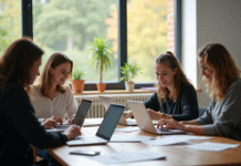 Groupe d'enseignants collaborant dans une salle moderne