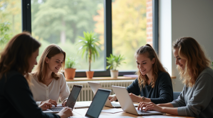 Groupe d'enseignants collaborant dans une salle moderne