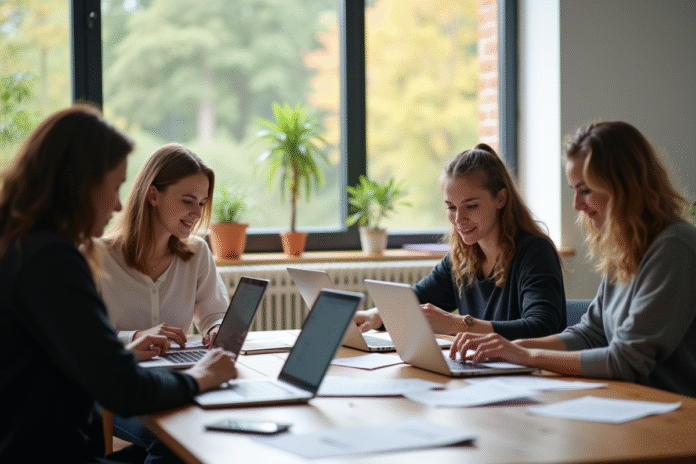 Groupe d'enseignants collaborant dans une salle moderne