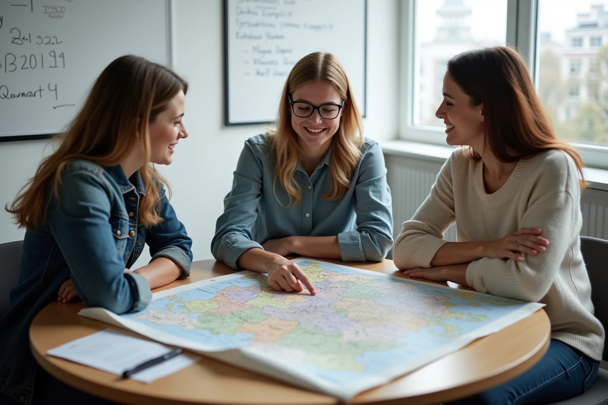 Groupe d'adultes étudiant ensemble une carte des Länder d'Allemagne lors d'un séminaire sur la réunification