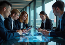 Blockchain : comprendre l’impact de la transparence renforcée Groupe de jeunes professionnels autour d'une table avec écrans blockchain