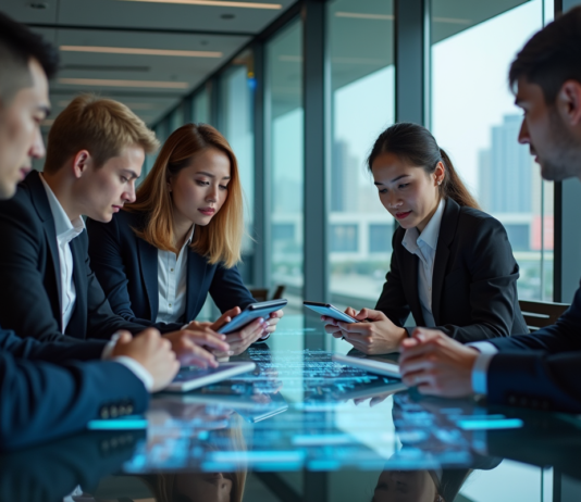 Blockchain : comprendre l’impact de la transparence renforcée Groupe de jeunes professionnels autour d'une table avec écrans blockchain