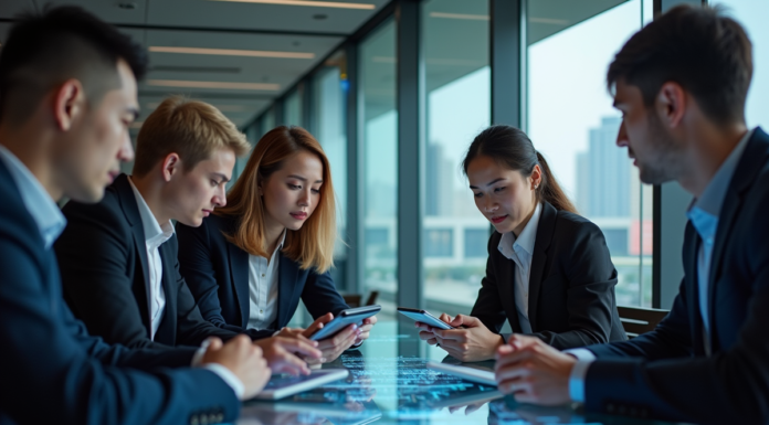 Blockchain : comprendre l’impact de la transparence renforcée Groupe de jeunes professionnels autour d'une table avec écrans blockchain