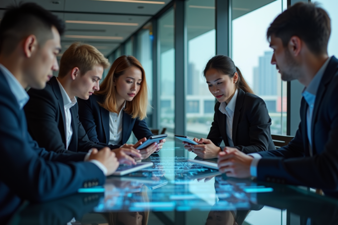 groupe-professionnels-blockchain Groupe de jeunes professionnels autour d'une table avec écrans blockchain