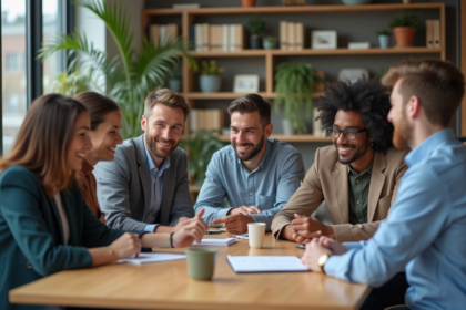 Groupe de collègues souriants dans un bureau moderne