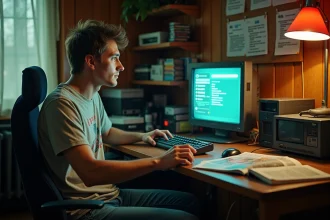 Jeune homme consultant de vieux magazines de jeux vidéo devant un écran CRT affichant un forum JVC rétro dans une chambre des années 2000