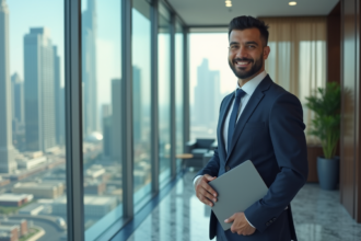 Homme d'affaires confiant dans un bureau moderne à Dubai