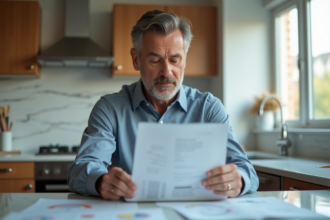 Homme d'affaires examine des documents financiers dans une cuisine moderne