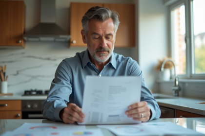 Homme d'affaires examine des documents financiers dans une cuisine moderne