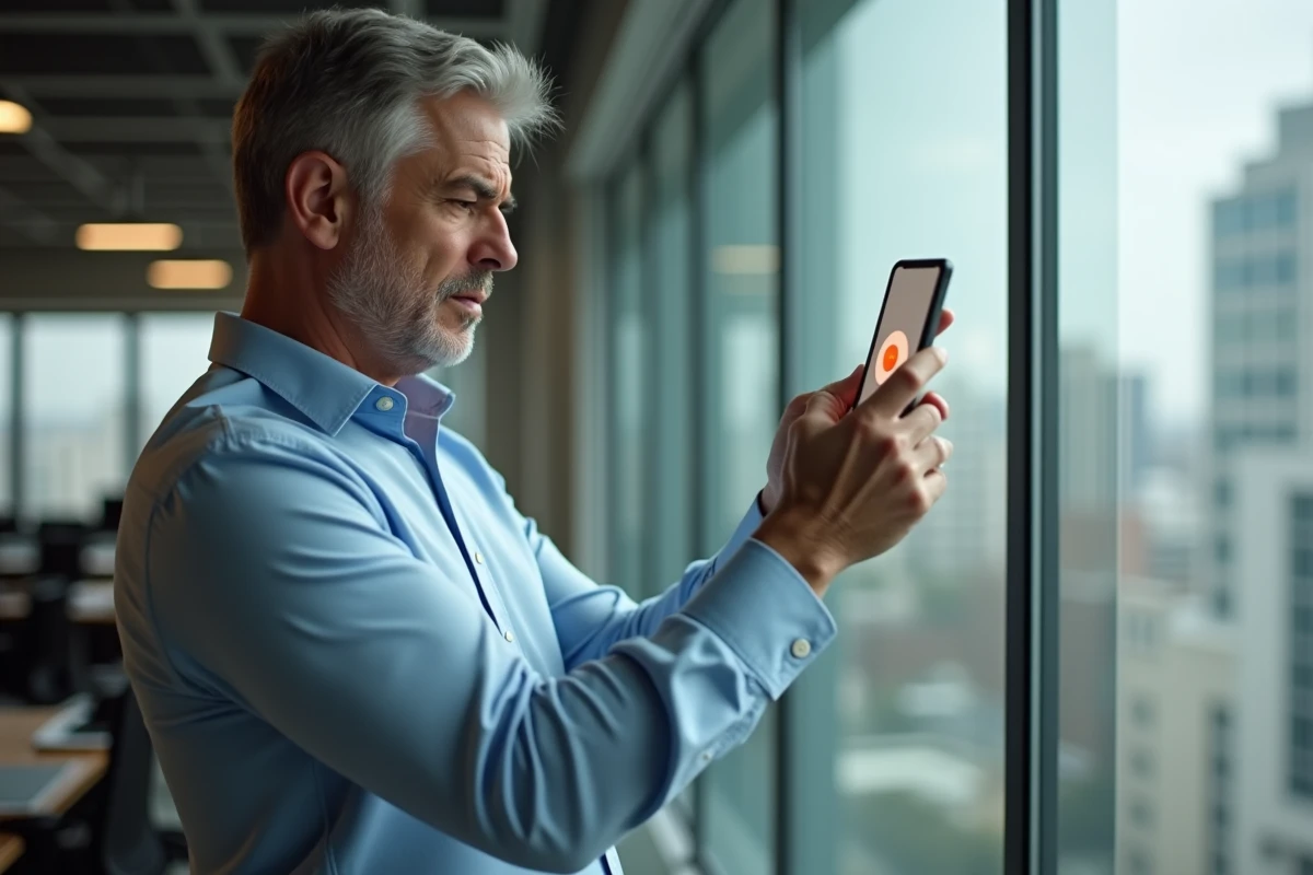 Homme d affaires regardant son smartphone avec app Monopoly