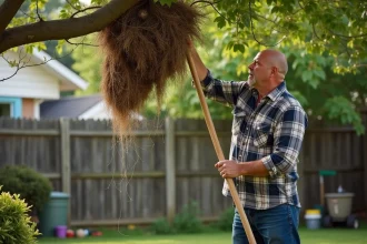 Homme en jeans tente d'enlever un nid de frelons dans un jardin