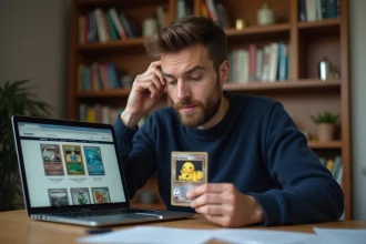 Homme examinant une carte Pokémon devant un ordinateur affichant un site e-commerce de cartes