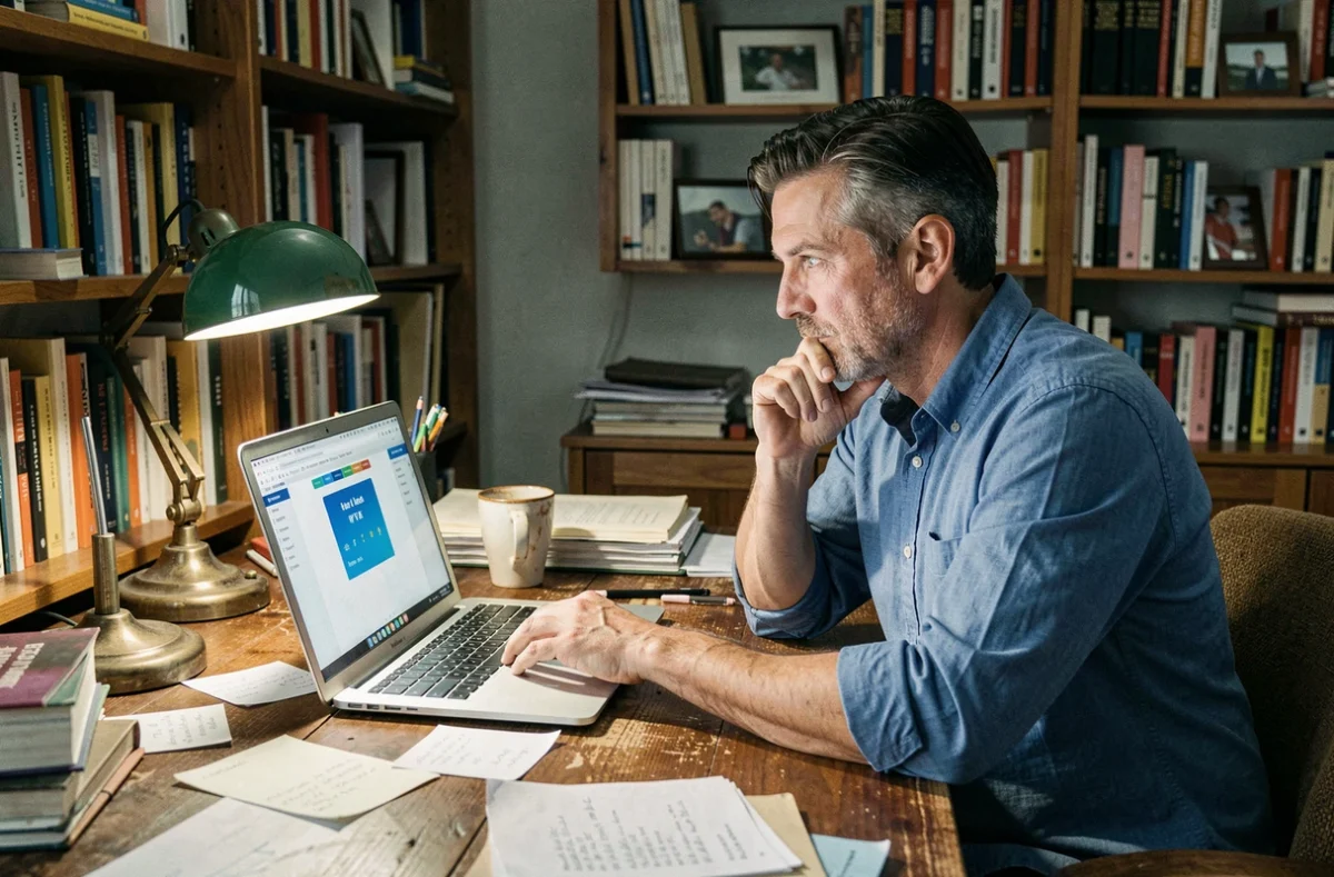 Homme concentré jouant à un jeu de devinettes de mots sur ordinateur dans un bureau à domicile encombré, symbolisant la persévérance face aux défis du jeu Cemantix