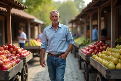 Homme pensif entre paniers de fruits dans un marché villageois