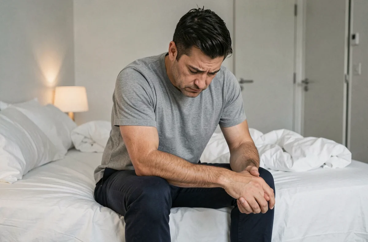 Homme assis seul sur le bord d'un lit avec une expression de culpabilité, illustrant la prise de conscience d'un comportement goujat envers sa partenaire
