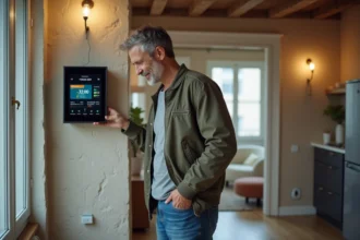 Homme d'âge moyen vérifiant son compteur intelligent dans un appartement moderne