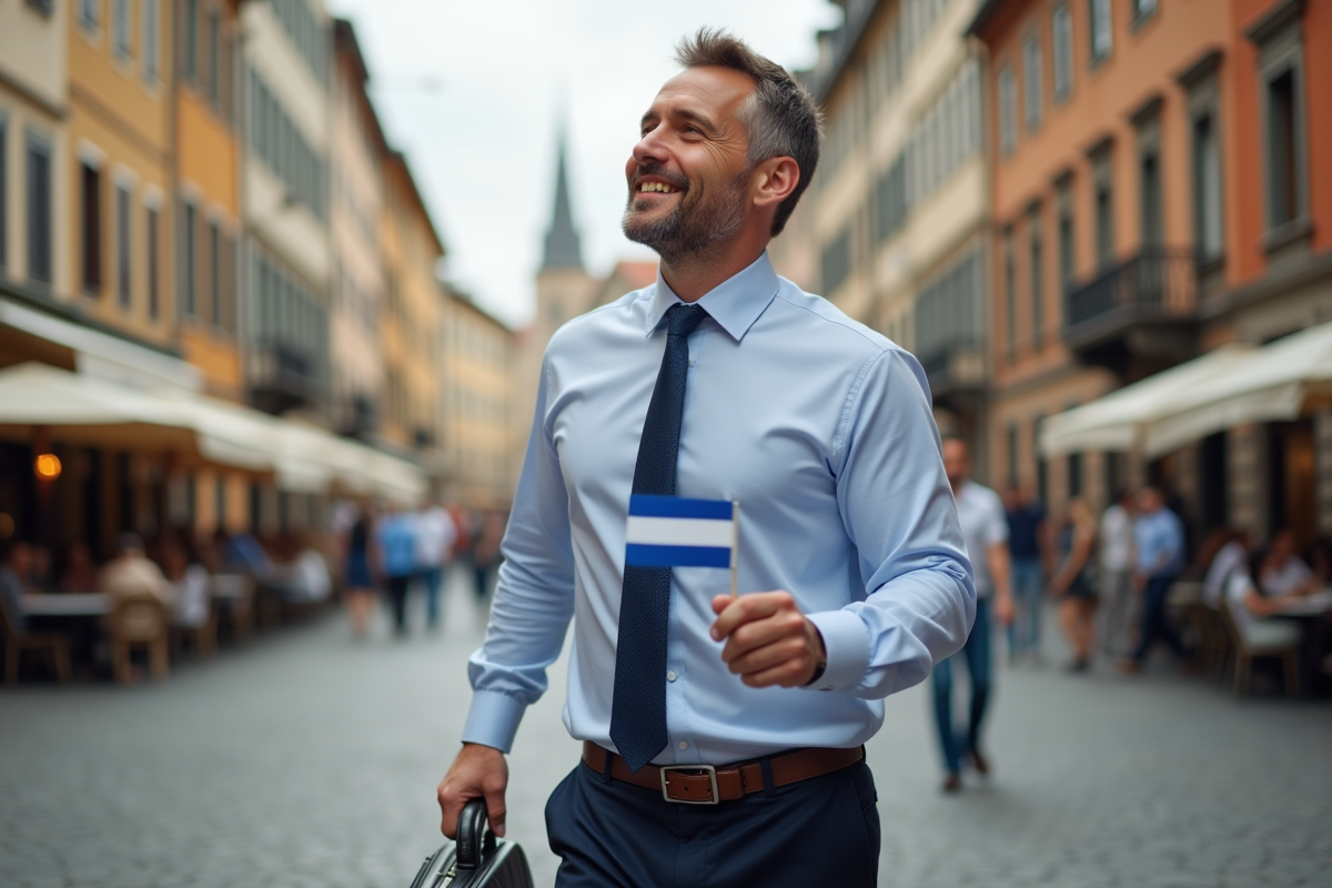 Homme avec drapeau national dans une place urbaine européenne