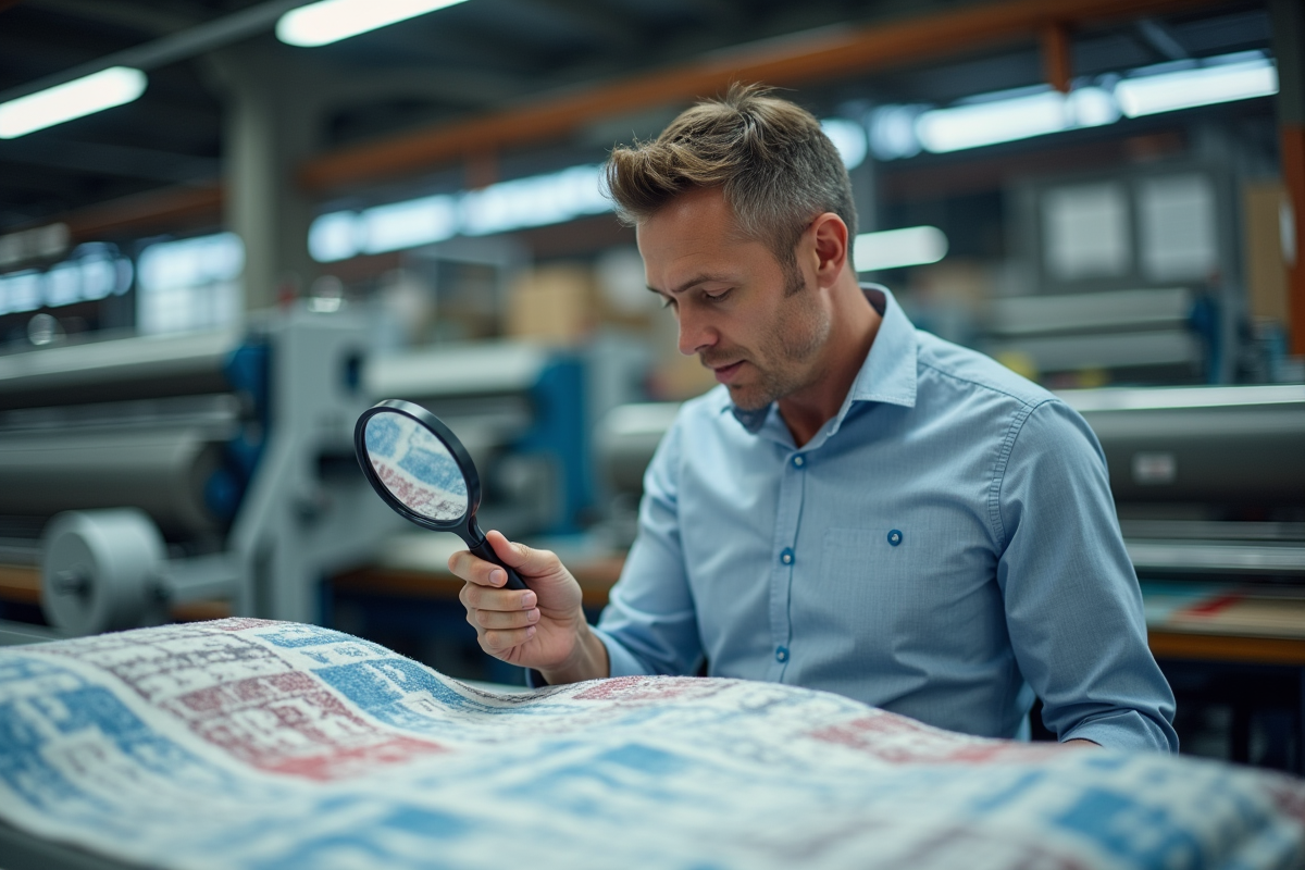 Homme inspectant un tissu imprimé dans une usine textile moderne