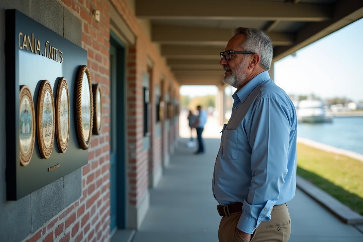 Homme examine des insignes de la marine au musée