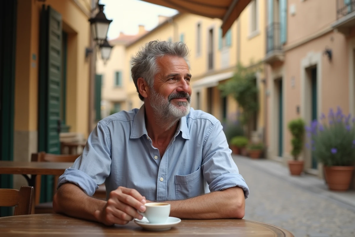 Homme d'origine judéo-méditerranéenne contemplant son héritage culturel attablé dans un café d'un village du sud de la France