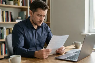 Homme lisant un document relatif à la protection des données personnelles dans un bureau à domicile