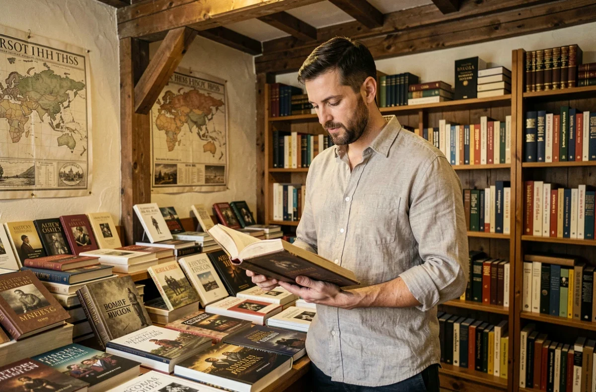 Homme examinant un roman sur le Moyen Âge dans une librairie spécialisée en histoire avec des poutres en bois et des cartes anciennes