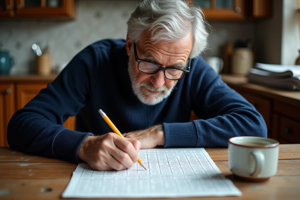Homme âgé concentré sur une grille de mots croisés avec un crayon à la main, cherchant un synonyme de mantra