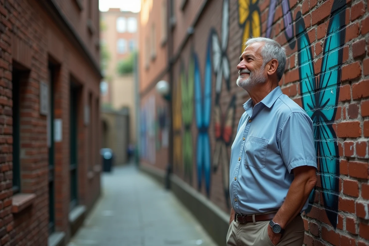 Homme regardant un mural de papillons en ville