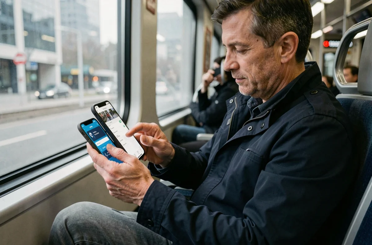 Homme lisant Niodle magazine sur smartphone dans les transports en commun avec souci de confidentialité