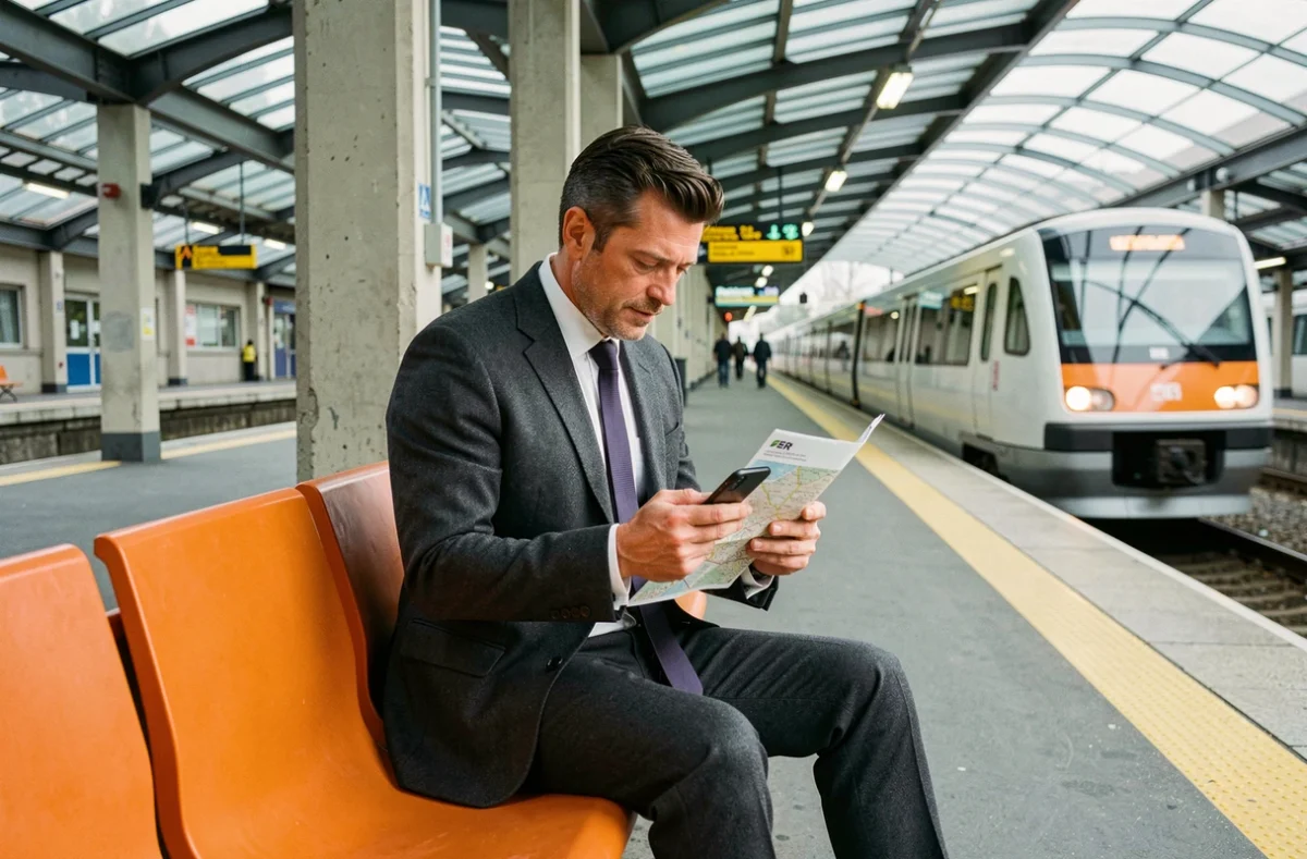 Homme d'affaires consultant un plan RER papier et son smartphone dans une gare parisienne en surface