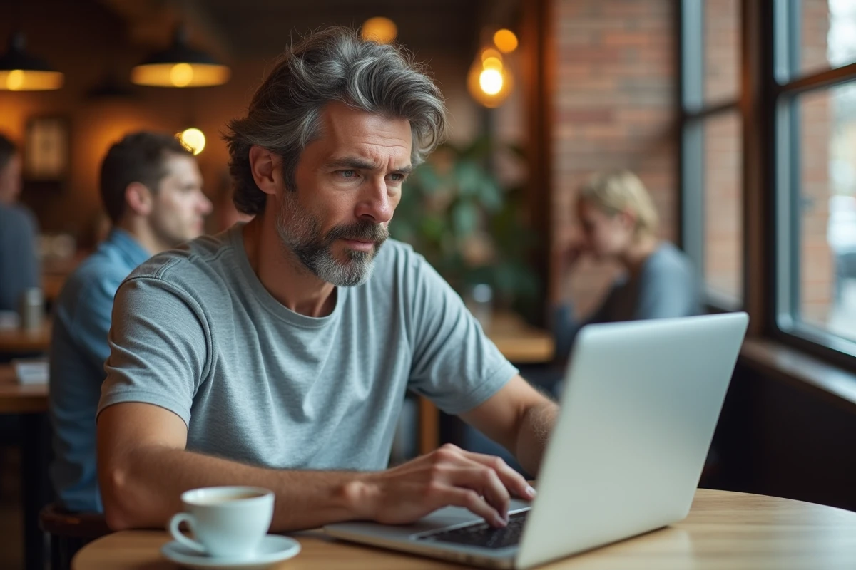 Homme d'une quarantaine d'années répondant à un quiz en ligne sur un ordinateur portable dans un café urbain avec des murs en briques apparentes