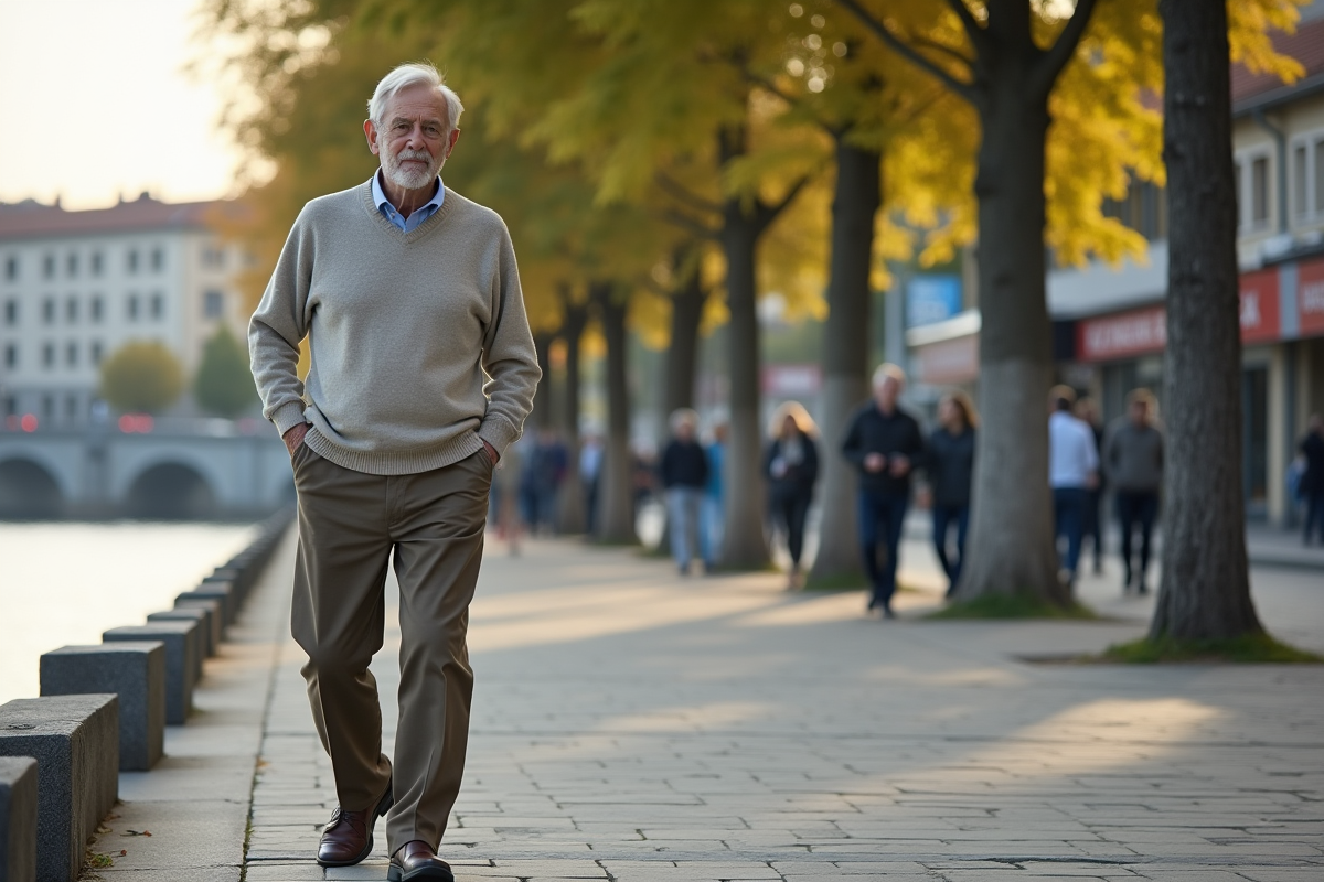 Homme âgé marche le long d