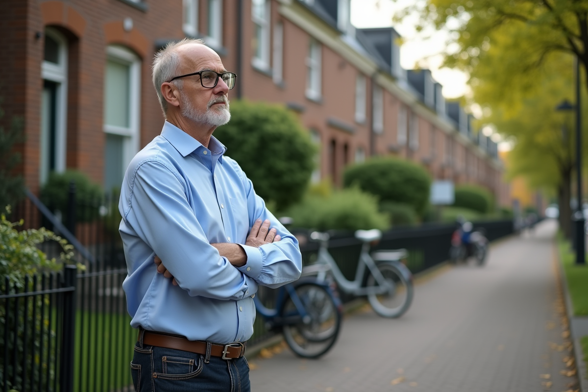Homme regarde le quartier résidentiel calme et verdoyant