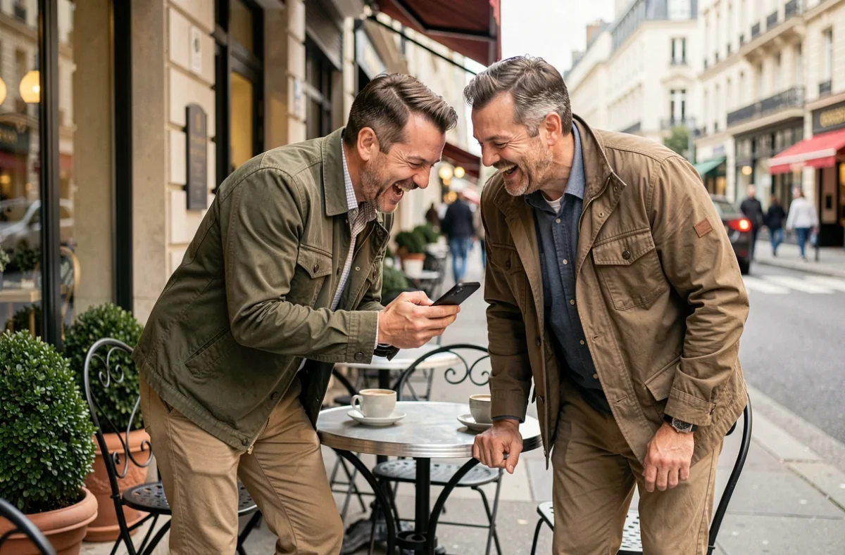 Deux hommes riant ensemble en terrasse de café en regardant un message drôle d'anniversaire