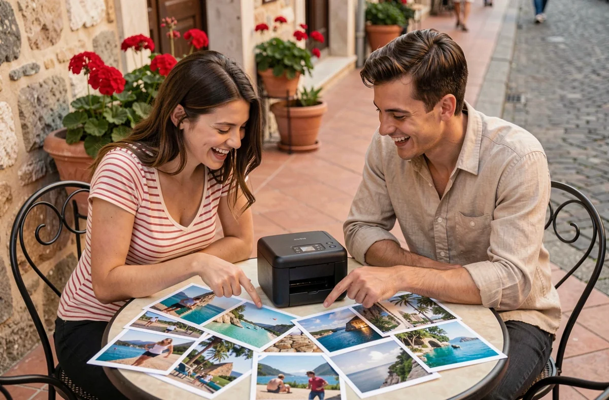 Deux amis en vacances en ville regardant des photos imprimées avec une imprimante portable couleur sur une table de café en vieille ville européenne