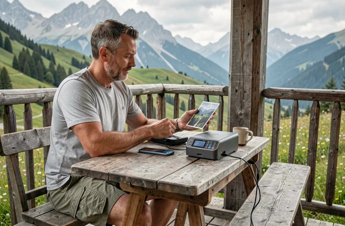 Homme imprimant une photo de paysage de montagne avec une imprimante couleur portable sur la terrasse d'un chalet alpin