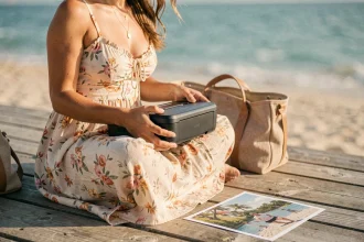 Femme utilisant une imprimante portable couleur sur un ponton en bois au bord de la mer pour imprimer ses photos de vacances