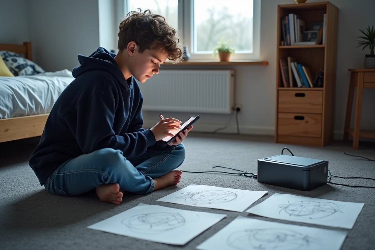Adolescent utilisant un smartphone pour imprimer des dessins avec une imprimante portable sans fil posée sur le sol de sa chambre