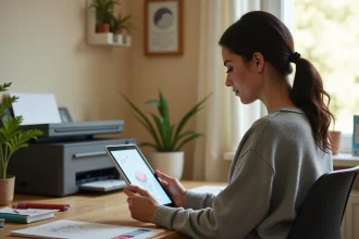 Femme tenant une tablette affichant un dessin numérique avec une imprimante à jet d'encre en arrière-plan sur un bureau en bois