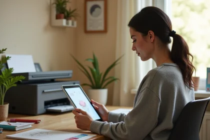 Femme tenant une tablette affichant un dessin numérique avec une imprimante à jet d'encre en arrière-plan sur un bureau en bois