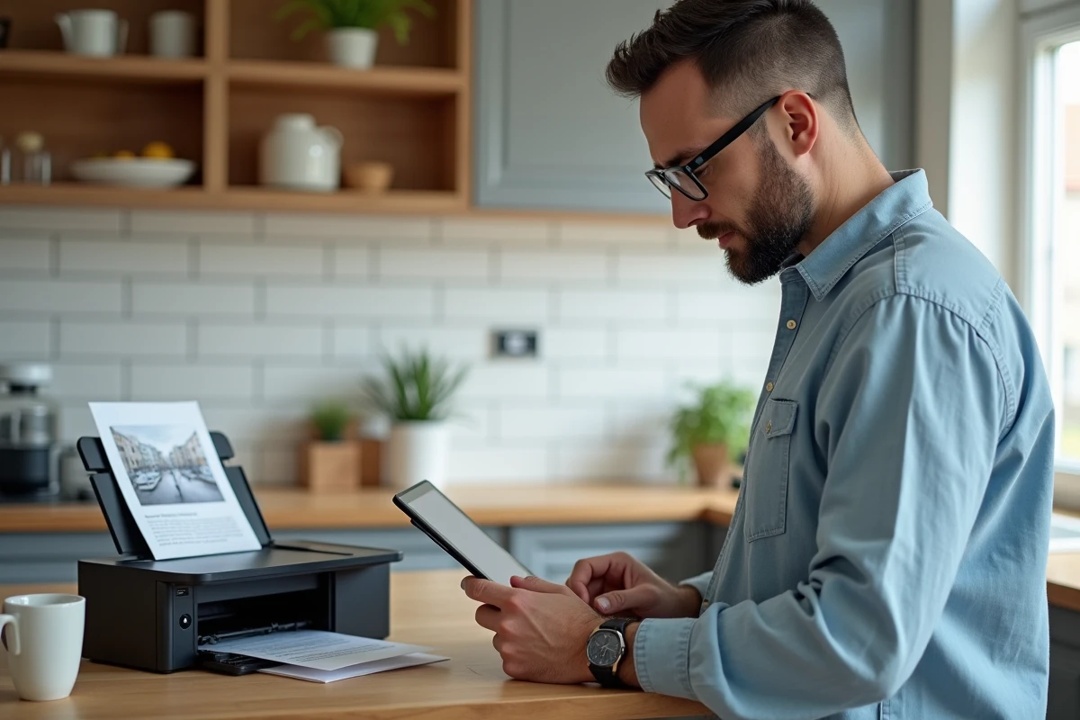 Homme debout dans une cuisine utilisant une tablette pour envoyer un dessin à imprimer sur une imprimante multifonction sans fil