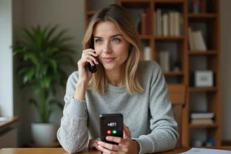 Femme composant un numéro international avec l'indicatif pays 41 de la Suisse sur son smartphone dans un bureau à domicile