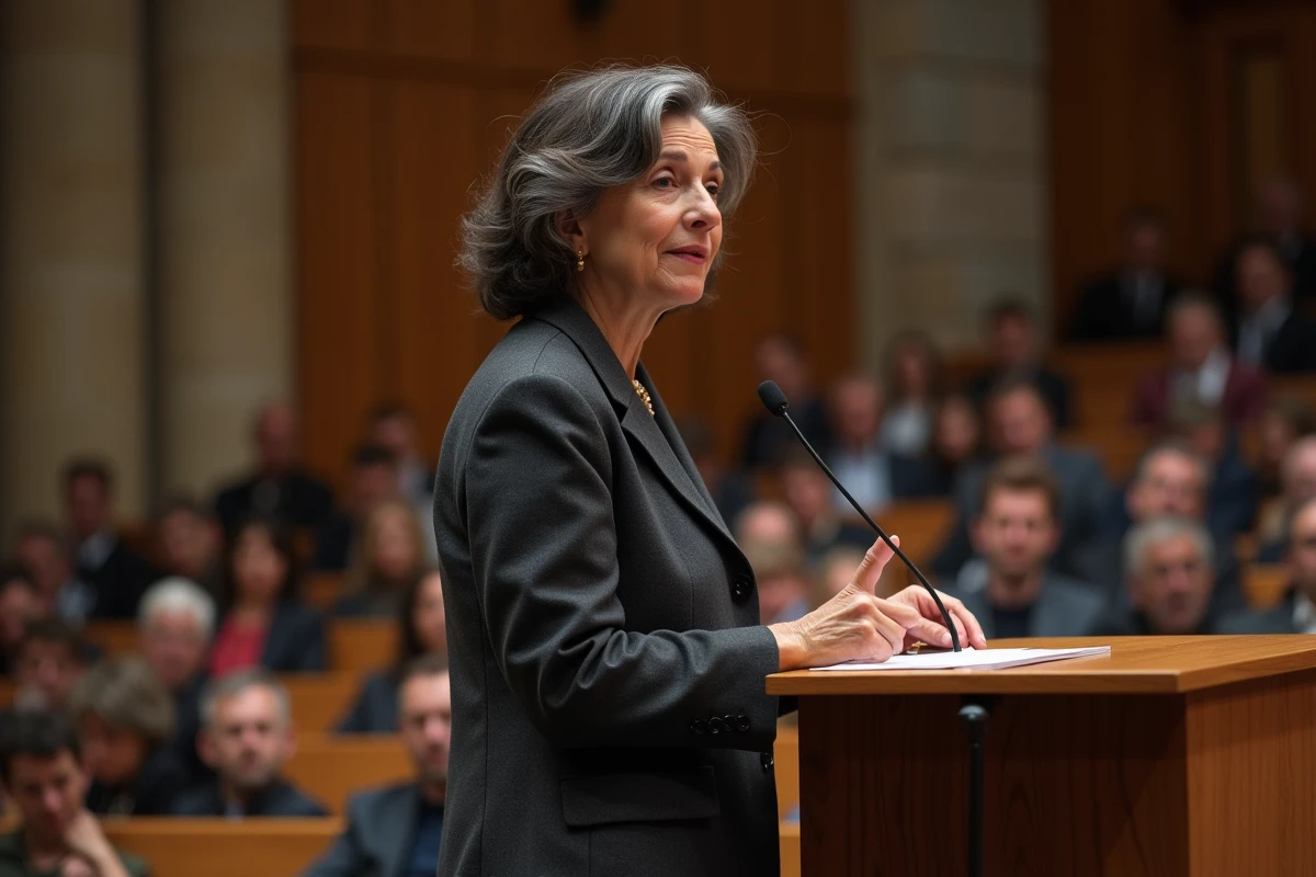 Femme prenant la parole dans un amphithéâtre universitaire européen, évoquant l'engagement politique et académique d'Ingrid Betancourt