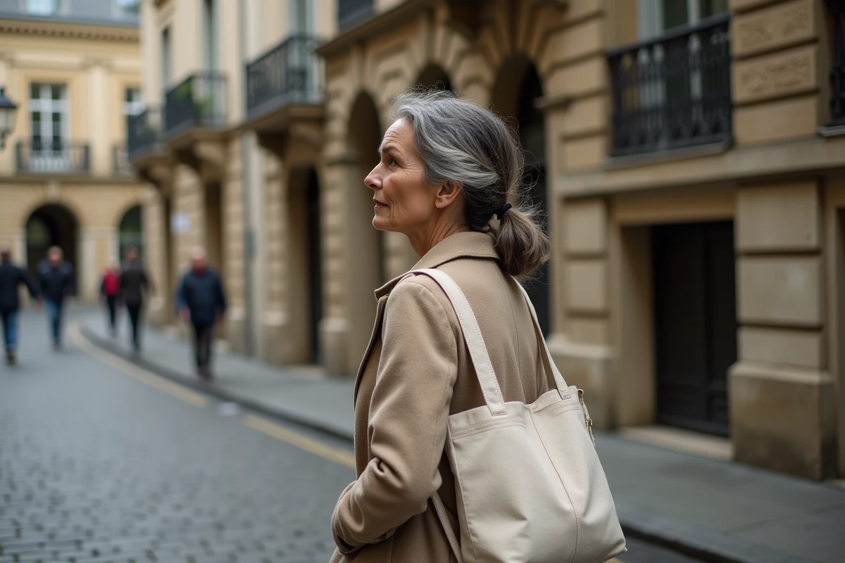 Femme mature marchant dans une rue pavée de Paris, illustrant la vie quotidienne d'Ingrid Betancourt entre la France et la Colombie
