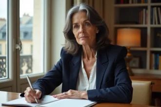 Femme intellectuelle d'une cinquantaine d'années assise à un bureau dans un appartement parisien, symbolisant la vie d'Ingrid Betancourt en France
