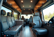 Intérieur d'un van aménagé avec sièges ergonomiques et rangement organisé