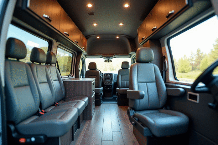 Intérieur d'un van aménagé avec sièges ergonomiques et rangement organisé