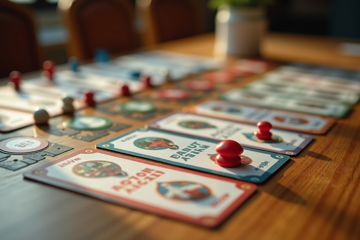 Disposition des cartes Mille Bornes sur une table en bois