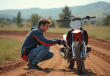 Les meilleures marques de 125 cc d’occasion pour motocross en 2025 Jeune homme en motocross examinant sa moto en pleine nature