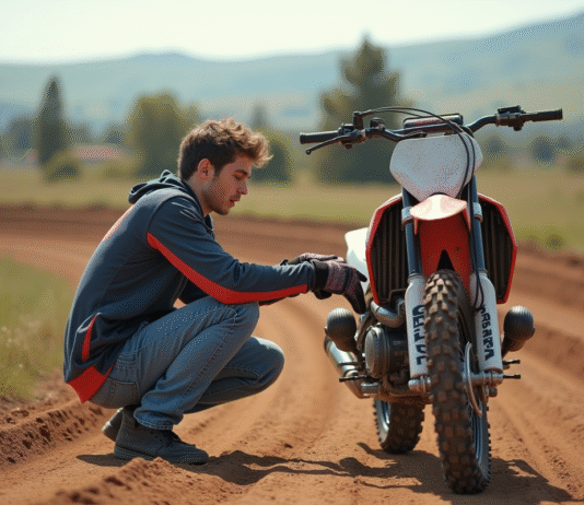 Les meilleures marques de 125 cc d’occasion pour motocross en 2025 Jeune homme en motocross examinant sa moto en pleine nature